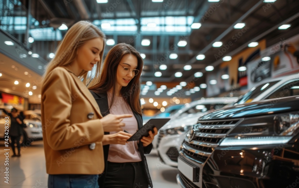 Two women of different ethnicities are inside a car showroom, attentively looking at a tablet together Two women of different ethnicities are inside a car showroom, attentively looking at a tablet together