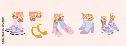 Set of women's pairs of feet in sneakers and shoes with flowers. Cool colorful sports shoes. Stylish shoes with heels. High socks and flowers. Editable vector illustration
