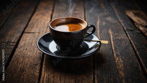 Cup of hot coffee, on rustic wooden surface. Hot coffee, chocolate. Fresh. Black cup.