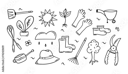 Doodle garden vector set with shovel, glove, hat, boots, basket, pulverizer, boots, pruning shears. etc. Hand drawn spring or summer equipments for work at the nature