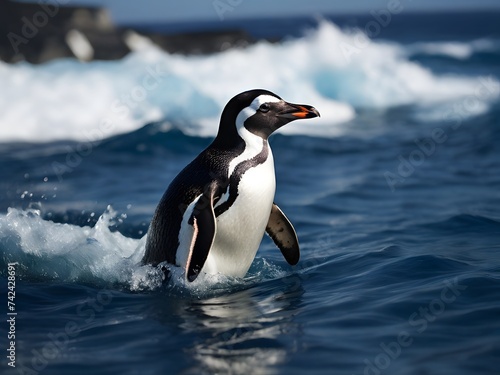 Gentoo penguin (Pygoscelis papua) in the ocean. Generative AI