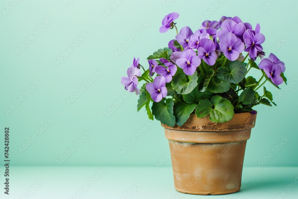 the flowers are lilac viola in the pot on pastel green background, empty space, horizontal banner