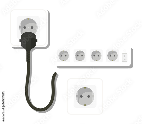 Socket with plug. Wire, surge protector, cable, on off button, adapter, four ports, 4, electricity, wiring, communications, lighting, power, in out, electrical appliance, charge. Vector illustration