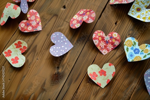 floralpatterned paper hearts on a wooden table photo