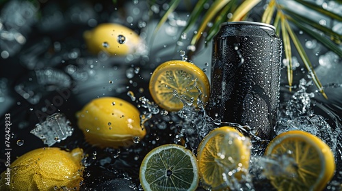 Black 375ml slimline color drink can, hovering flying above the crystal clear black water beside a gorgeous palm leaf, wide lens, ultra detailed, lemons slices of lemons in the water ice cubes photo