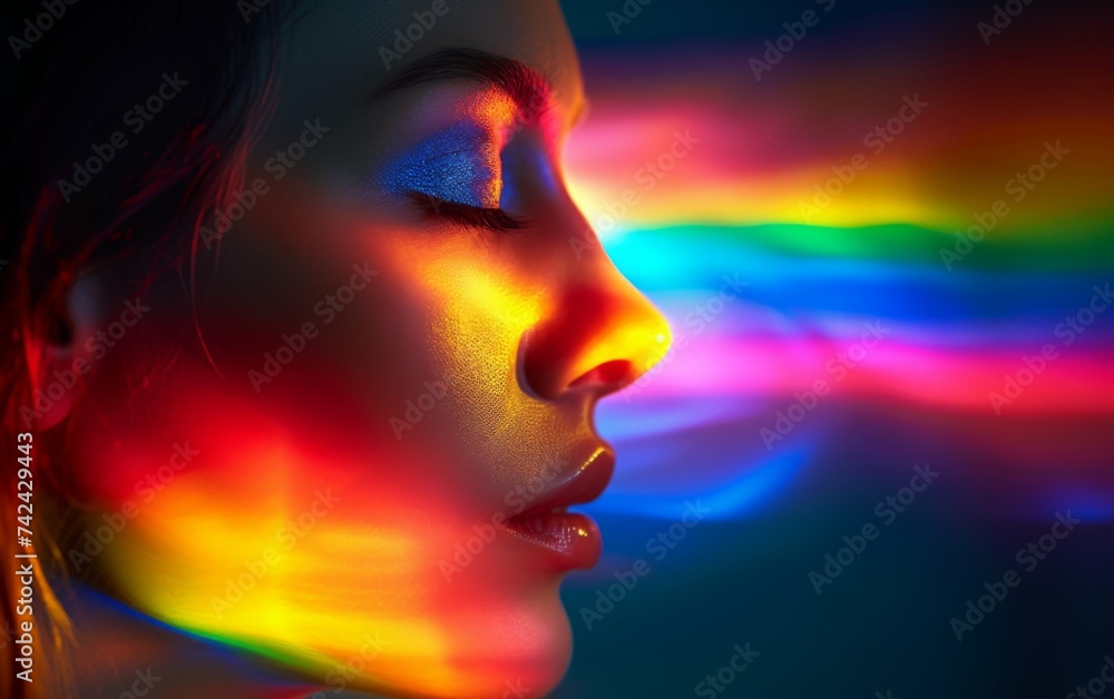 A multiracial woman with her eyes closed, illuminated by a rainbow light on her face