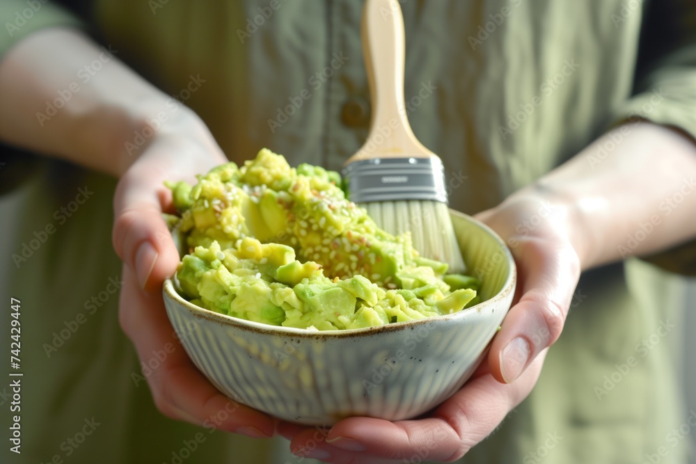 person holding bowl of smashed avocado and brush