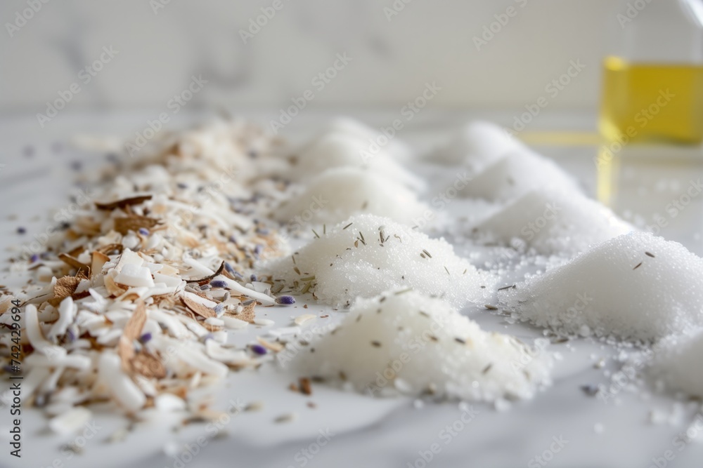 a line of coconut flakes, sugar, and lavender oil for a scrub a line of coconut flakes, sugar, and lavender oil for a scrub