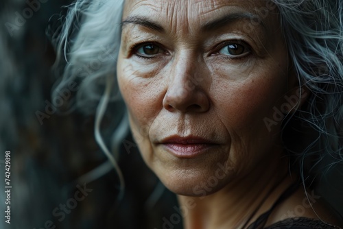 Close-up of a calm elderly woman with silver hair gazing away
