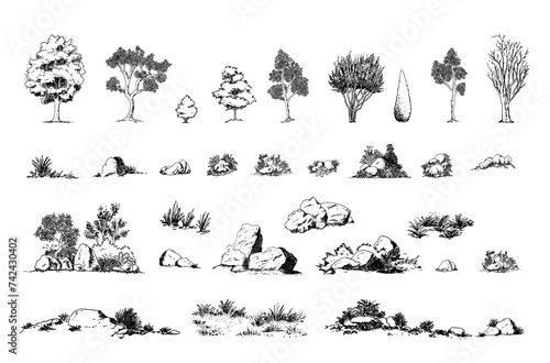 Minimal sketch style cad tree stone line drawing, Side view, set of graphics trees elements outline symbol for architecture and landscape design drawing. Vector illustration in stroke fill in white.