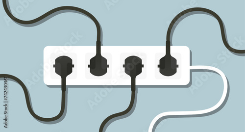 Surge protector with plugged in plugs. Wire, socket, cable, adapter, four ports, 4, electricity, wiring, lighting, power, in out, electrical appliance, charge, shadow on wall. Vector illustration