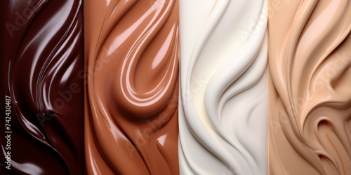 a close up of chocolate and cream vanilla ,various flavor custard texture, top view, copy space photo