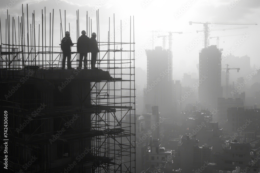 Obraz premium Construction workers standing on scaffold overlooking city