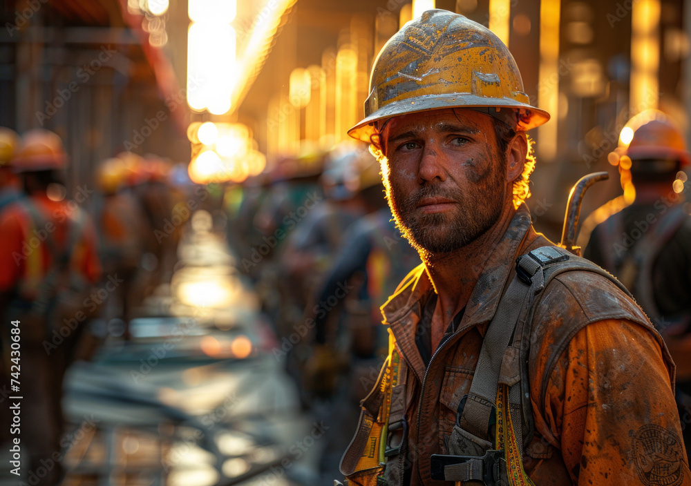 Miner stands in the middle of tunnel with his face covered in dust. Miner stands in the middle of tunnel with his face covered in dust.