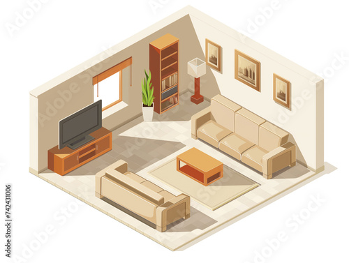 Modern Isometric Living Room Interior with Beige Sofa and Entertainment Unit