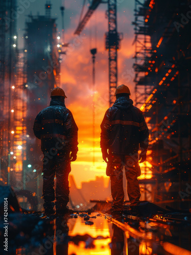 Two workers stand on the building site against the sunset. Concept work
