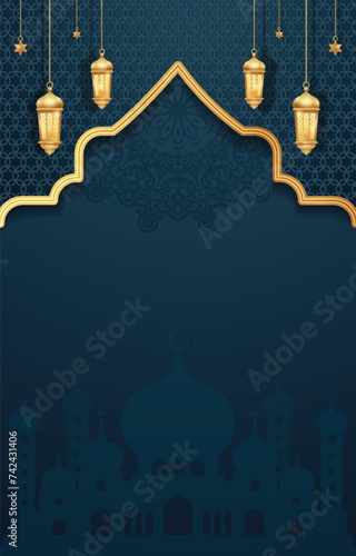 Ramadan Kareem background with arabic lanterns and mosque