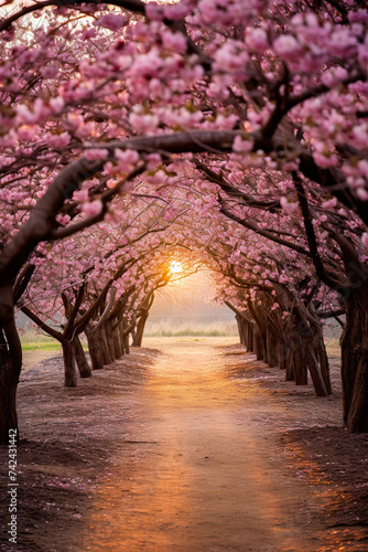 Beautiful sunset over a quiet road lined with blooming cherry blossom trees in spring. Serene spring walk along the cherry blossom path at sunset