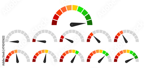 Speedometer with color scale and different needle readings. Measure, speed, temperature, fast, slow, hot, cold, loading, upload, download, intensity, bandwidth, frequency. Vector illustration