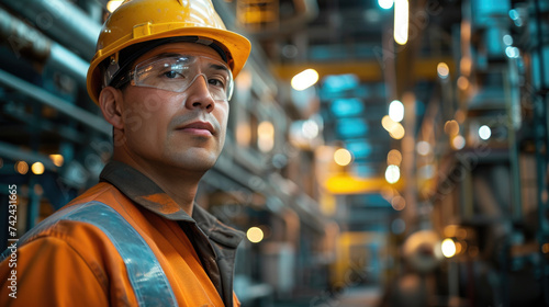 industrial worker stand confidently in sprawling manufacturing plant and represents skilled labor force driving modern industry, factory, workforce development, engineering, manufacturing processes © Intelligent Horizons