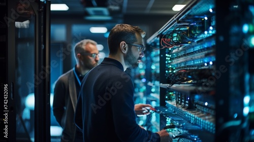 Two IT engineers in glasses work in a data center with rows of server racks, checking cables and system status.
