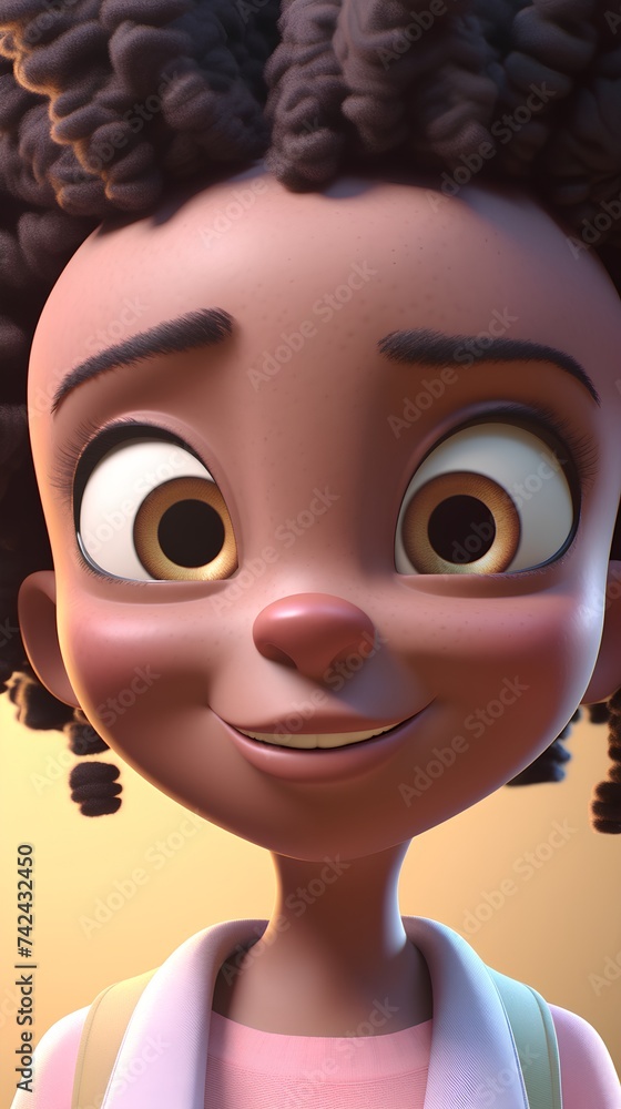 Cute African American girl with big eyes. 3D rendering.