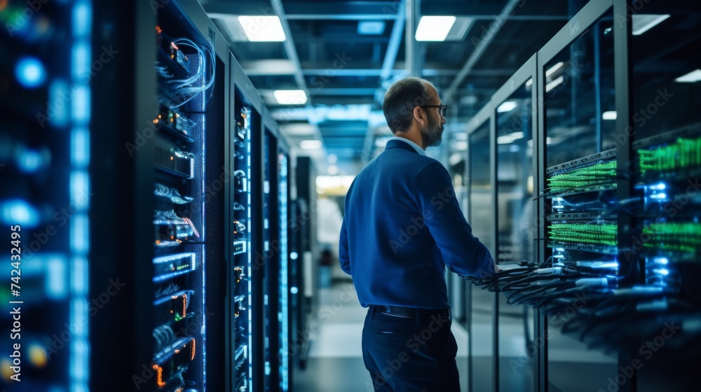 Focused IT technician monitoring server racks in a modern data center. Concept of network management. Focused IT technician monitoring server racks in a modern data center. Concept of network management.