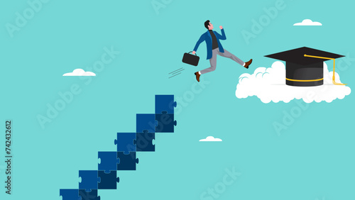 high education, success step to achieve higher education, cost to graduate high degree education, the way to achieve high education, people making ladder from puzzle going to graduation cap