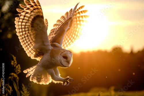 low angle, owl swooping down, sun setting behind it