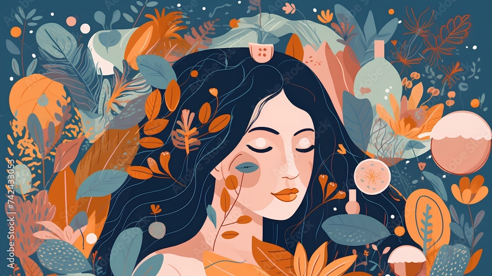 Vector illustration of a girl with long hair on a background of leaves.