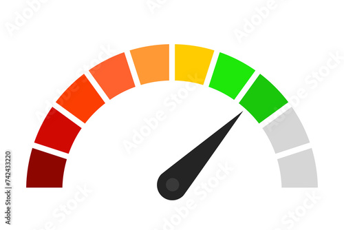 Speedometer with color scale and maximum value. Measure, needle, speed, minimum, temperature, fast, slow, hot, cold, loading, upload, download, intensity, bandwidth, frequency. Vector