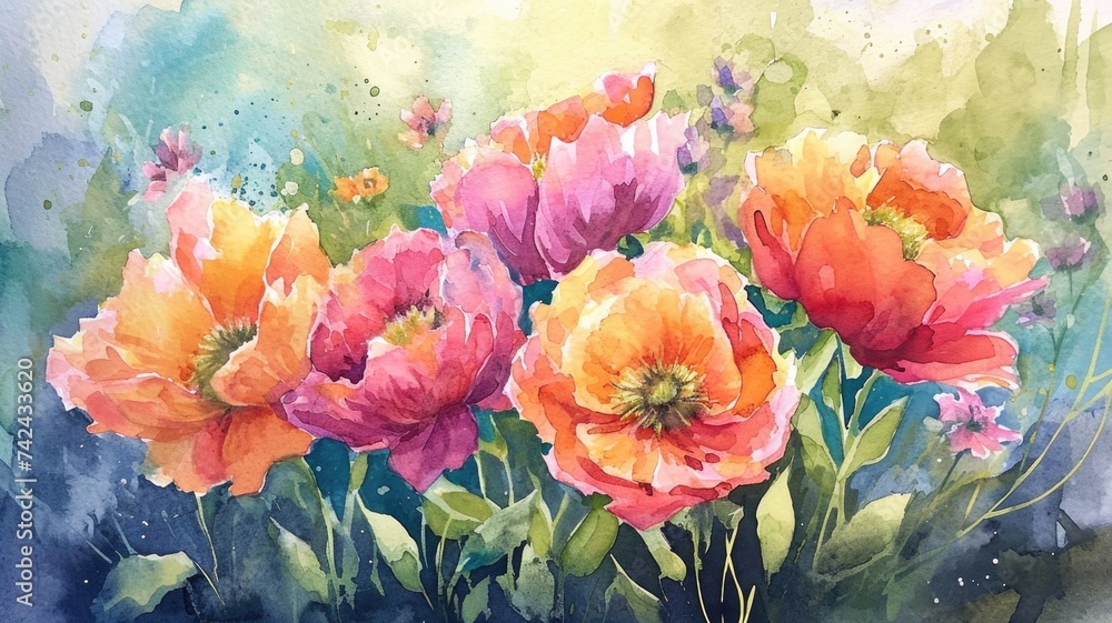 Vibrant Watercolor Painting of Blooming Poppies on Textured Paper Vibrant Watercolor Painting of Blooming Poppies on Textured Paper