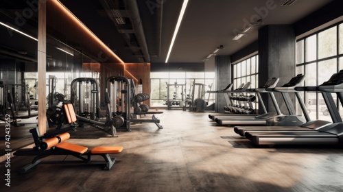 Spacious and well-equipped modern gym interior with a variety of fitness machines under ambient lighting.