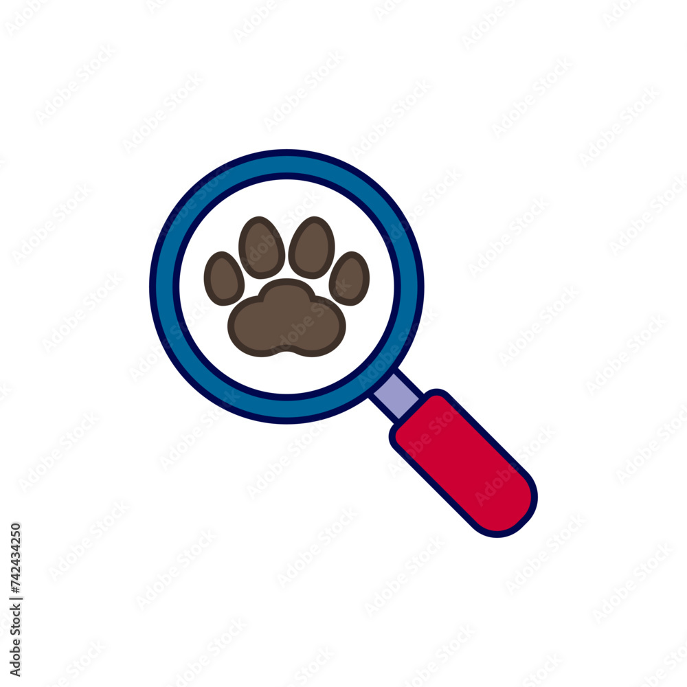 Pet search logo and icon. Paw print and magnifying glass. Search for missing pets. Pet search logo and icon. Paw print and magnifying glass. Search for missing pets.