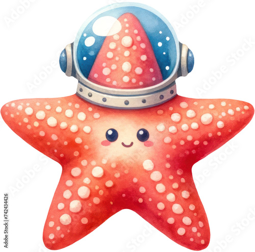 Cute Starfish Astronaut Cartoon Illustration. An adorable watercolor illustration of a red starfish wearing an astronaut's helmet, with a friendly face and a playful demeanor.