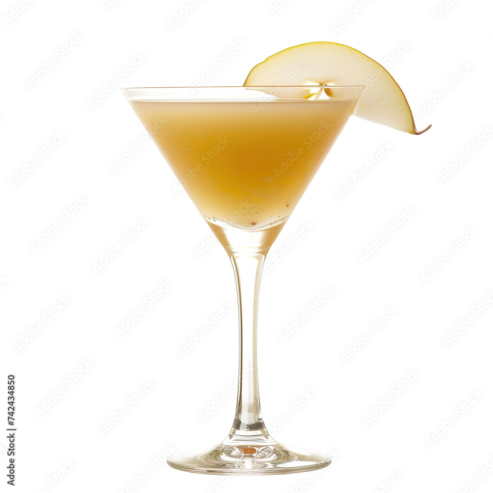 Extreme front view of a Chamomile Pear Martini cocktail in a martini glass isolated on a white transparent background