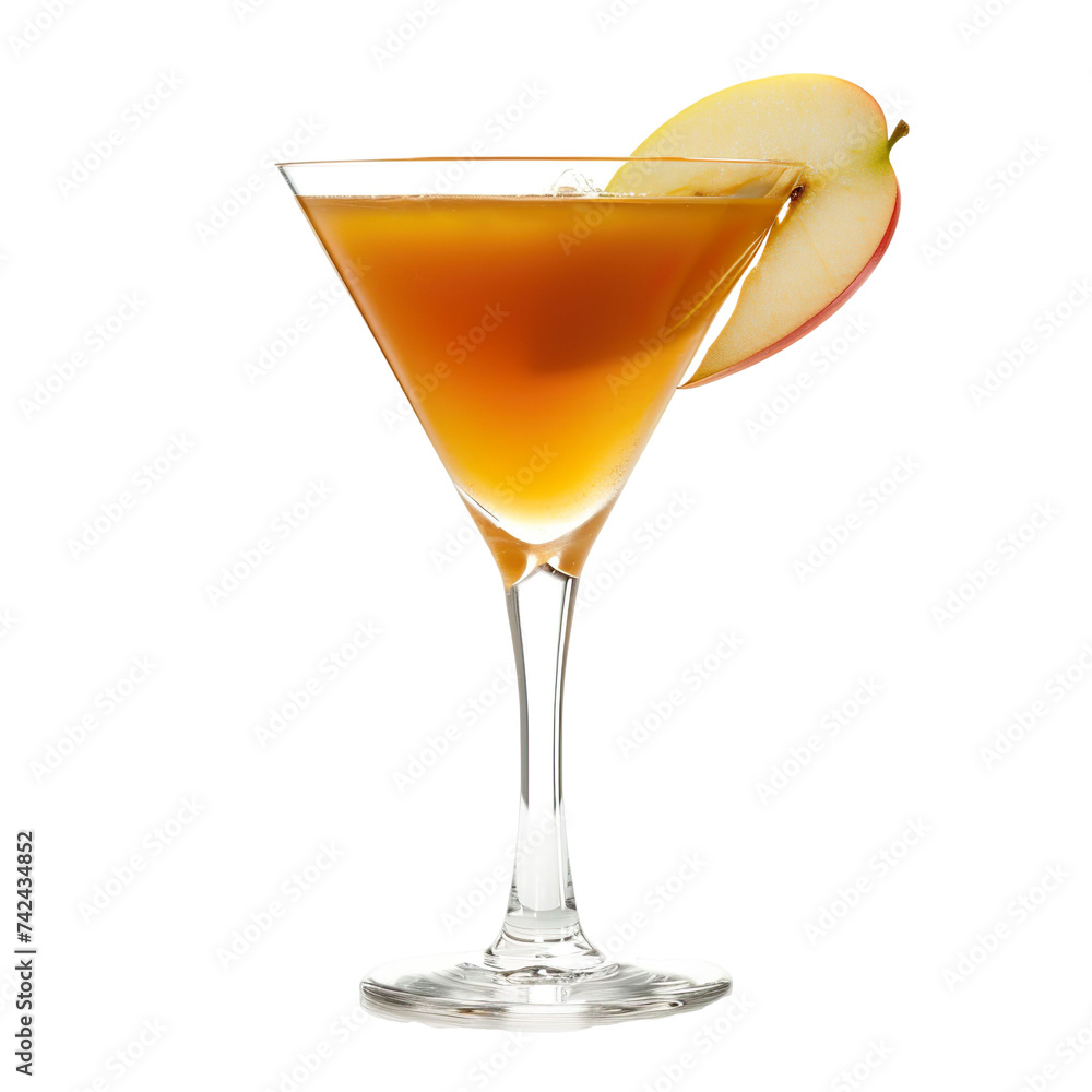Extreme front view of a Caramel Apple Martini cocktail in a martini glass isolated on a white transparent background