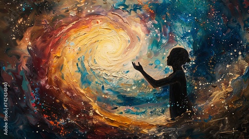 A silhouette of a person reaches out to a swirling galaxy, depicted in a vivid and dynamic abstract painting full of cosmic colors and energy.
