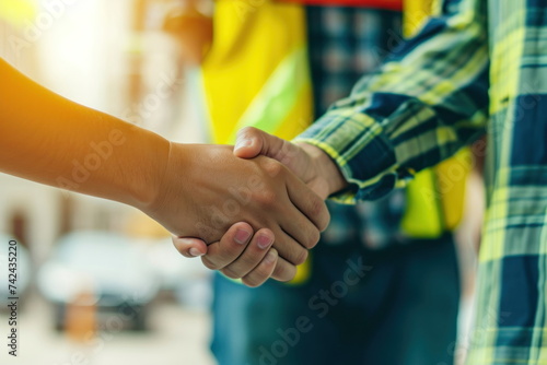 Engineer shaking hand together, worker with building background