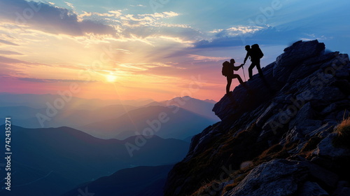 Hiker helping friend reach the mountain  Holding hands and walking up the mountain