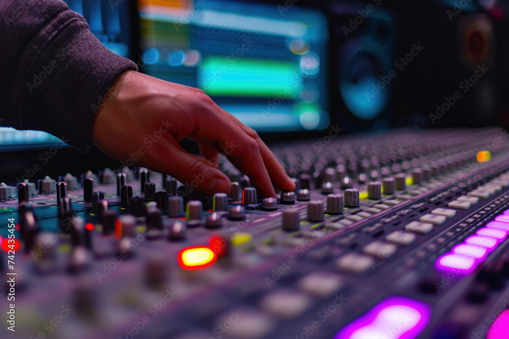 Sound studio with closeup hand for control, Control panel Recording Sound studio with closeup hand for control, Control panel Recording