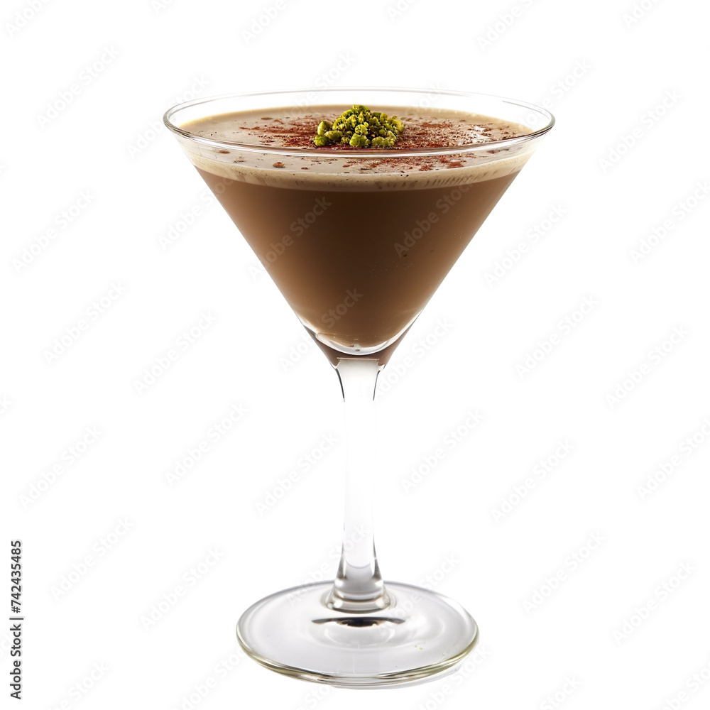 Extreme front view of a Pistachio Espresso Martini cocktail in a martini glass isolated on a white transparent background Extreme front view of a Pistachio Espresso Martini cocktail in a martini glass isolated on a white transparent background