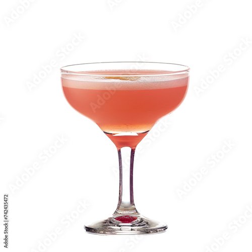 Extreme front view of a Pink Lady cocktail in a coupe glass isolated on a white transparent background photo