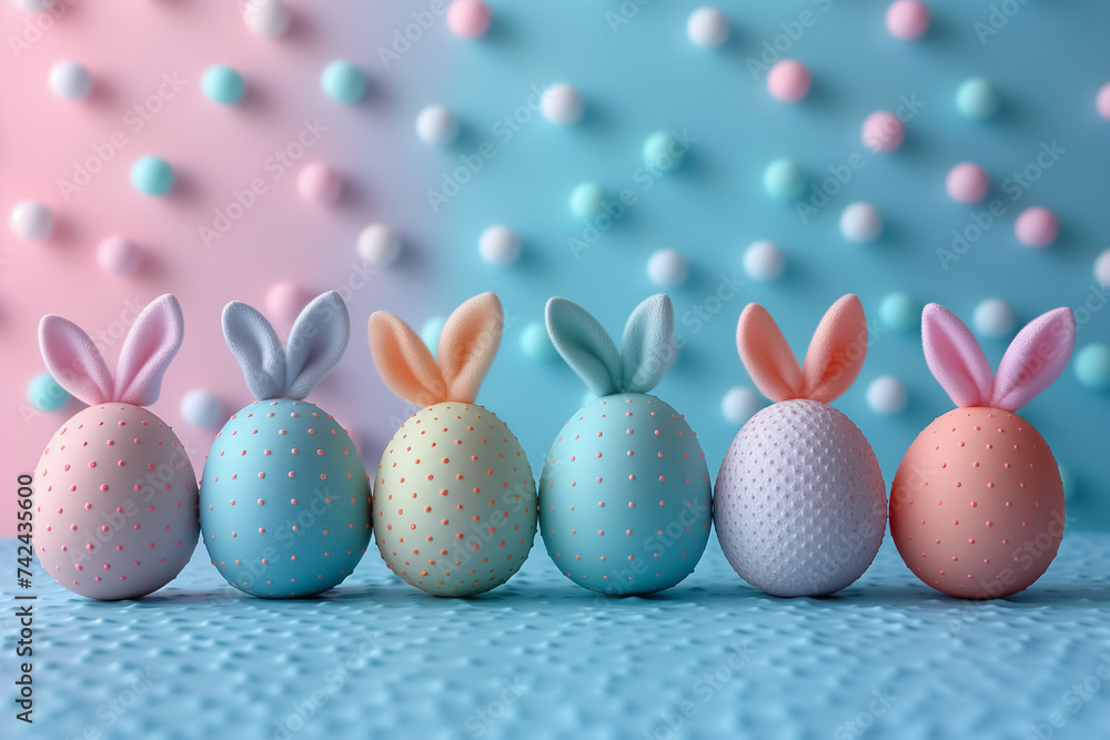 creative Easter eggs with bunny ears on soft blue background. Easter card, Easter background creative Easter eggs with bunny ears on soft blue background. Easter card, Easter background