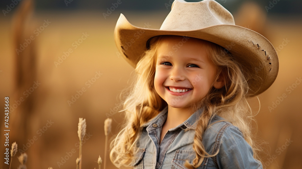 Cute little cowgirl in straw hat on the background of a farm. Life on the farm, southern girl Cute little cowgirl in straw hat on the background of a farm. Life on the farm, southern girl