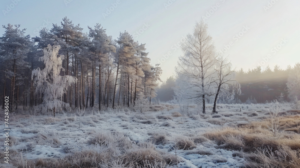 Forest landscape in winter frosty day