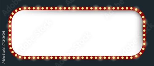 Rectangular lightbox. Empty white background, retro light bulbs. Cinema, show, shine, frame, advertising, backlight, attract attention, bright, festive, carnival. Vector illustration