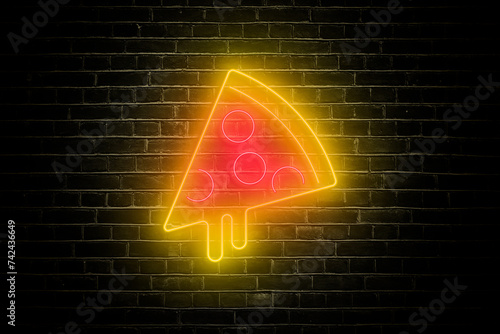 Satisfy your cravings with a glowing pizza slice neon sign against a dark brick wall, inviting you to indulge in cheesy goodness