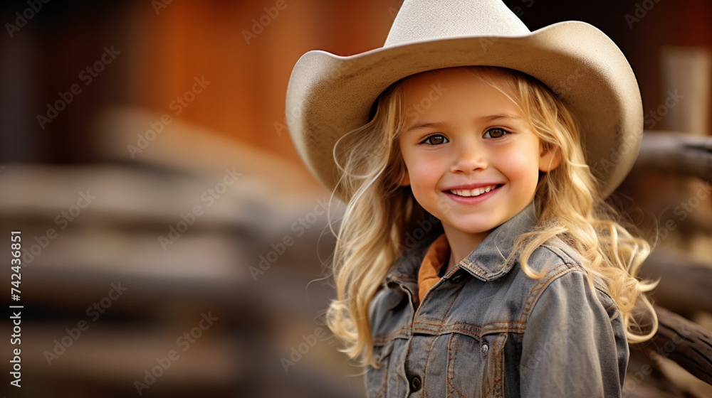 Cute little cowgirl in cowboy hat on the background of a farm. Life on the farm, southern girl Cute little cowgirl in cowboy hat on the background of a farm. Life on the farm, southern girl