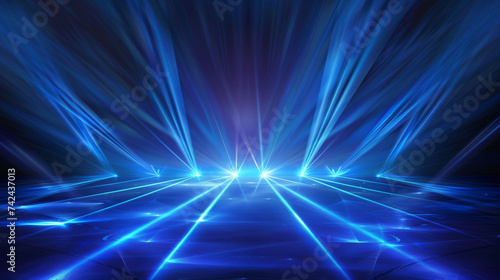 a blue light burst of laser beams on dark background, blue light rays background, empty blue room, Empty stage withblue spotlights, conser, show, party, Presentation concept